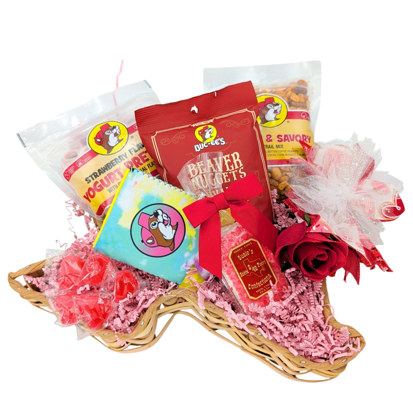 Texas themed Gift basket with snacks, flowers, and Buc-ees snacks on a white background