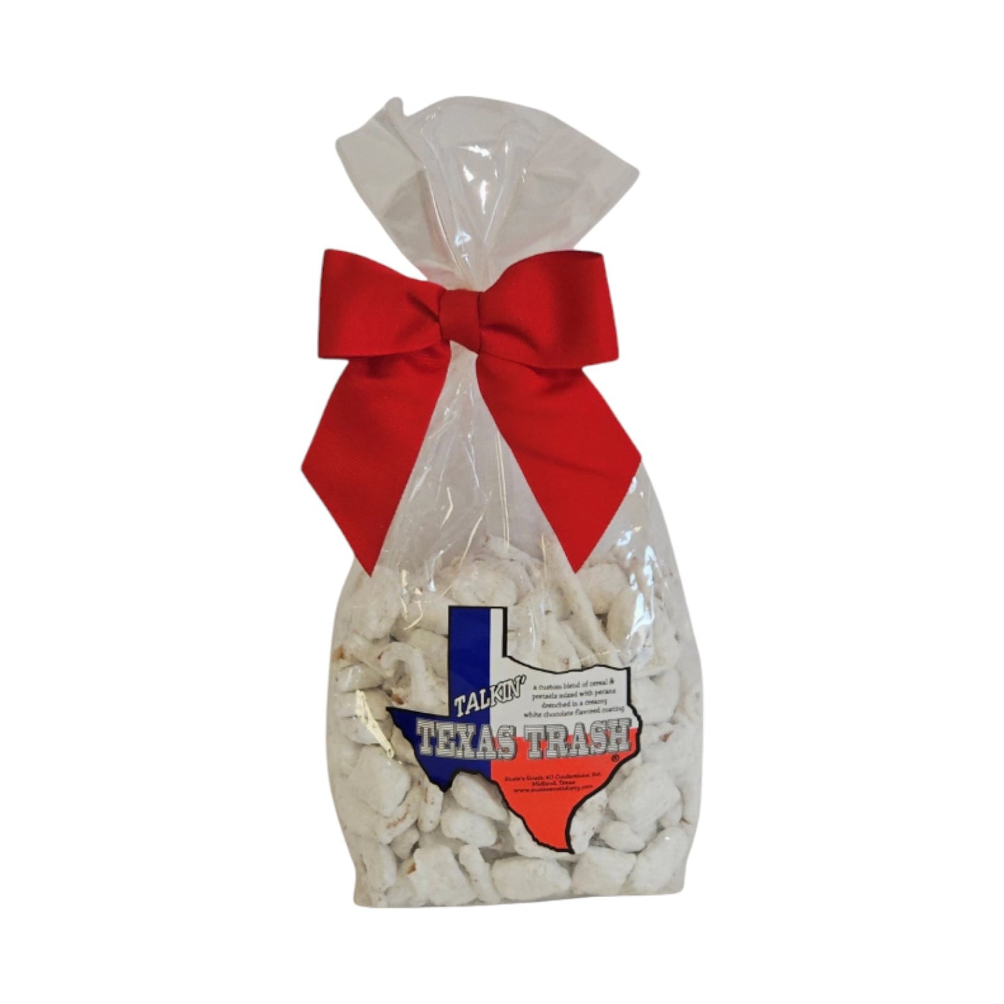 Clear gift bag of Talkin’ Texas Trash white chocolate–coated snack mix tied with a red ribbon