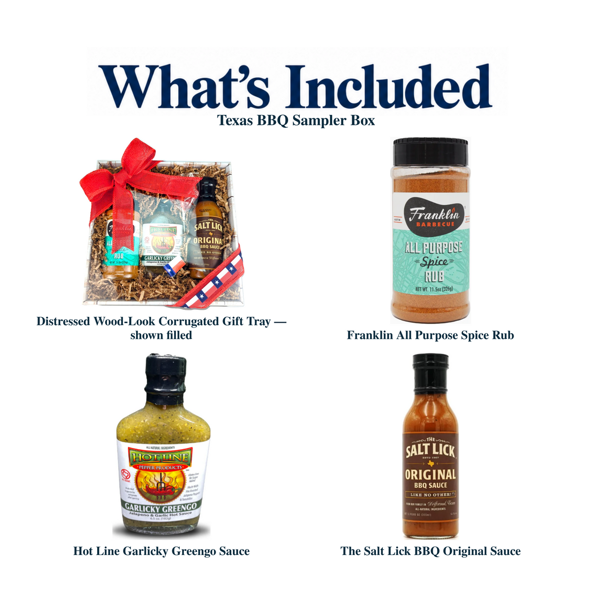 What's included in Texas BBQ Sampler Box: the gift container and each included product, individually labeled.
