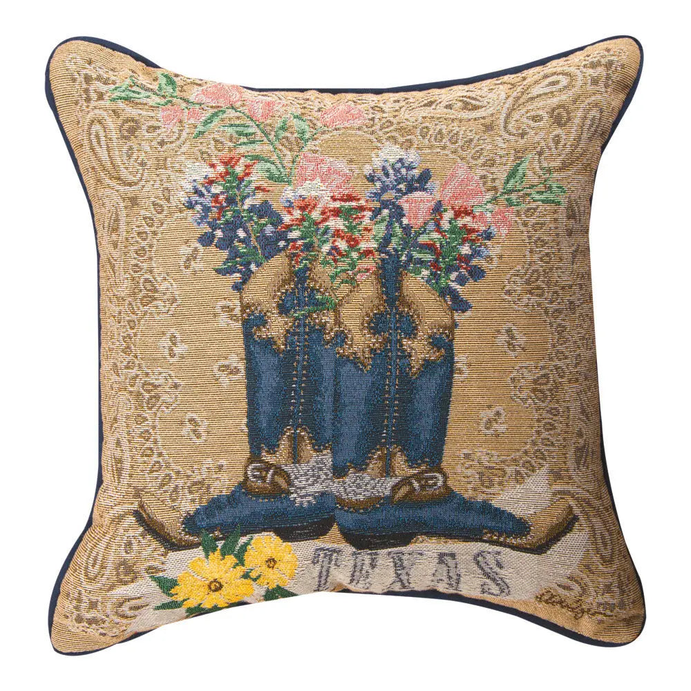Texas Blue Bonnets Los 17 by 17 inch tapestry pillow with bluebonnet floral design displayed on the Texas Gift Baskets storefront