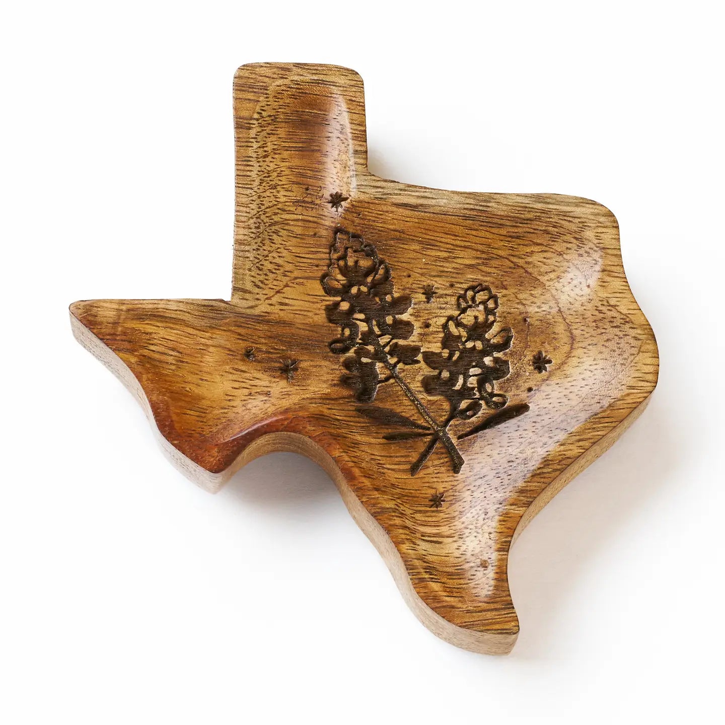 Texas Bluebonnet jewelry tray made of mango wood with a bluebonnet design, displayed as a Texas-themed home gift on the Texas Gift Baskets storefront
