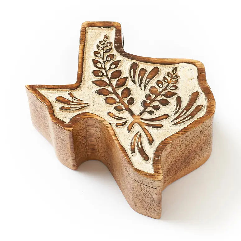 Texas Bluebonnet keepsake box with a hand-carved bluebonnet design, displayed as a Texas-themed gift on the Texas Gift Baskets storefront