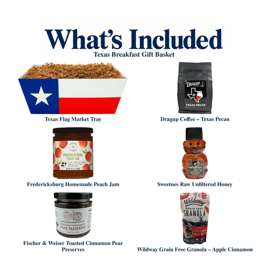 What's included in Texas Breakfast Gift Basket: the gift container and each included product, individually labeled.