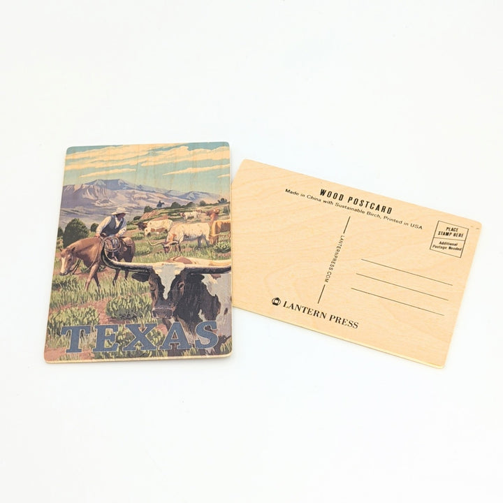 WOOD POSTCARD Texas, Longhorn Scene