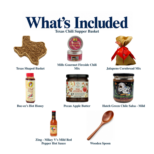 What's included in Texas Chili Supper Basket: each included item individually labeled.