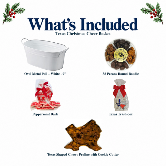 What's included in Texas Christmas Cheer Basket: authentic container and every included product, individually labeled.