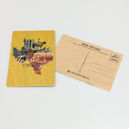 Front and back view of a wooden postcard featuring a vintage Texas collage design with the word “Texas,” a longhorn skull, cowboy imagery, and Lone Star elements on the front, paired with a natural wood back showing postcard address lines and Lantern Press branding.