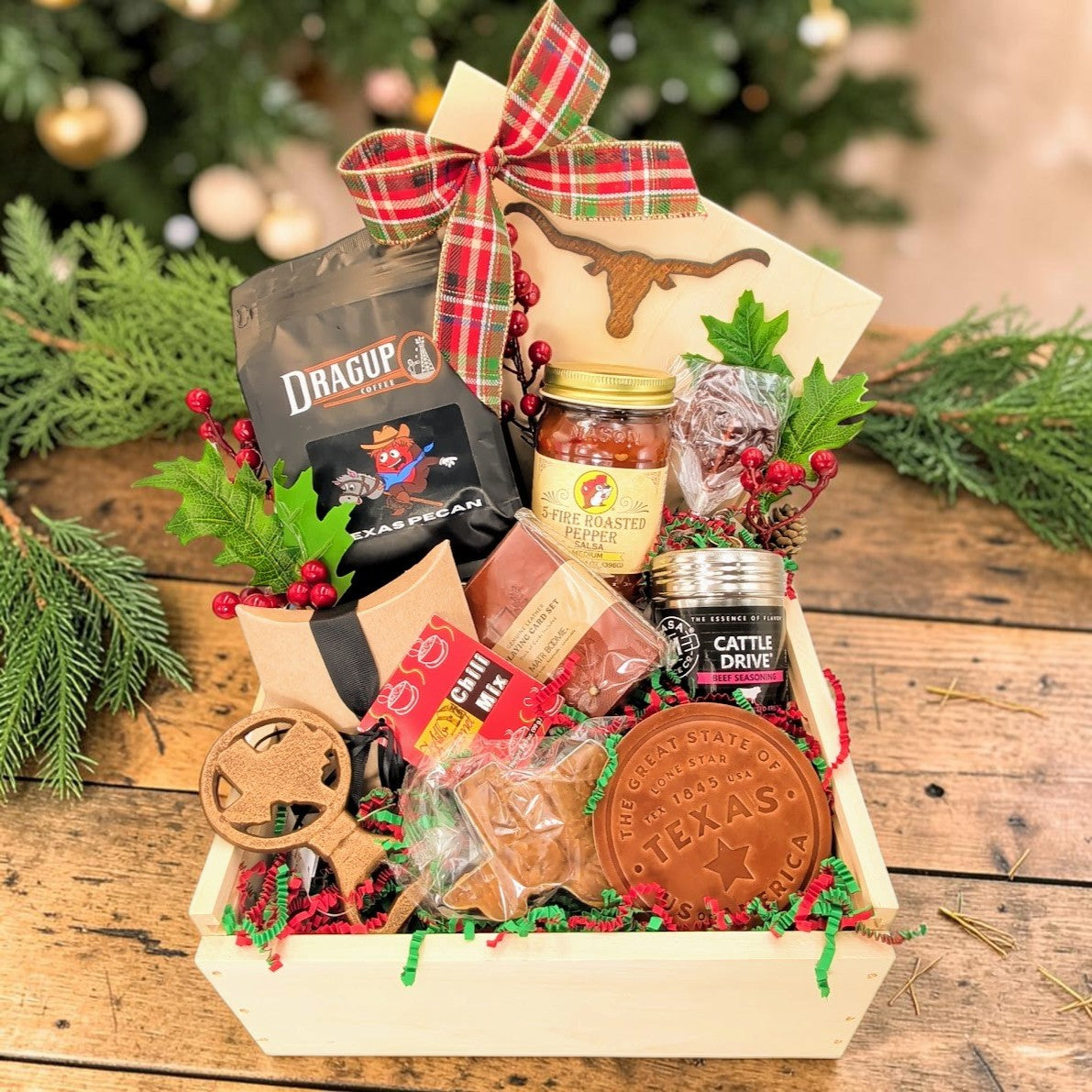Texas Fireside Favorites holiday wooden gift box with Texas coffee, salsa, seasonings, sweets, leather playing cards, coaster, bottle opener, and longhorn magnet