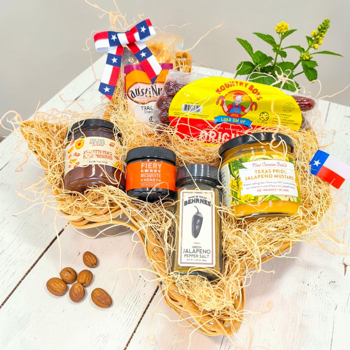 Texas Flavor Trail gift basket with six sweet and savory favorites and a Texas flag bow