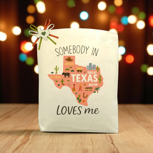 Create Your Own Somebody in Texas Loves Me Texas Map Edition canvas tote bag with colorful Texas map design, perfect for custom gifts