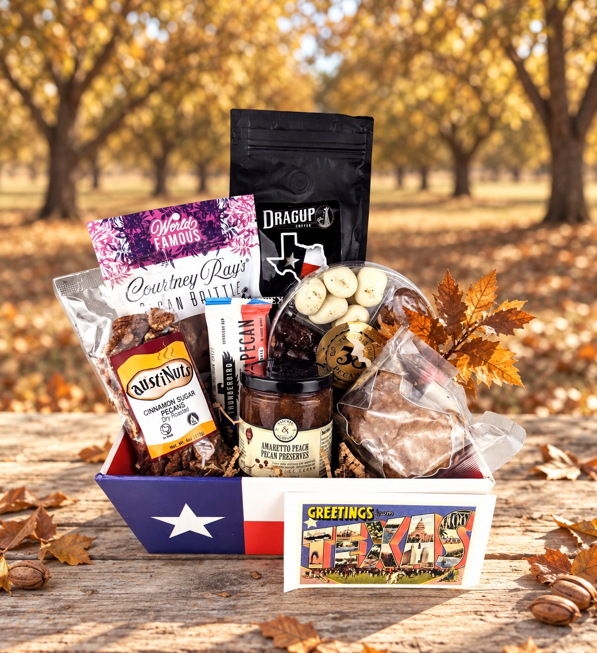 Texas Pecan Harvest fall gift, preserving the original pecan passion arrangement in an autumn setting.