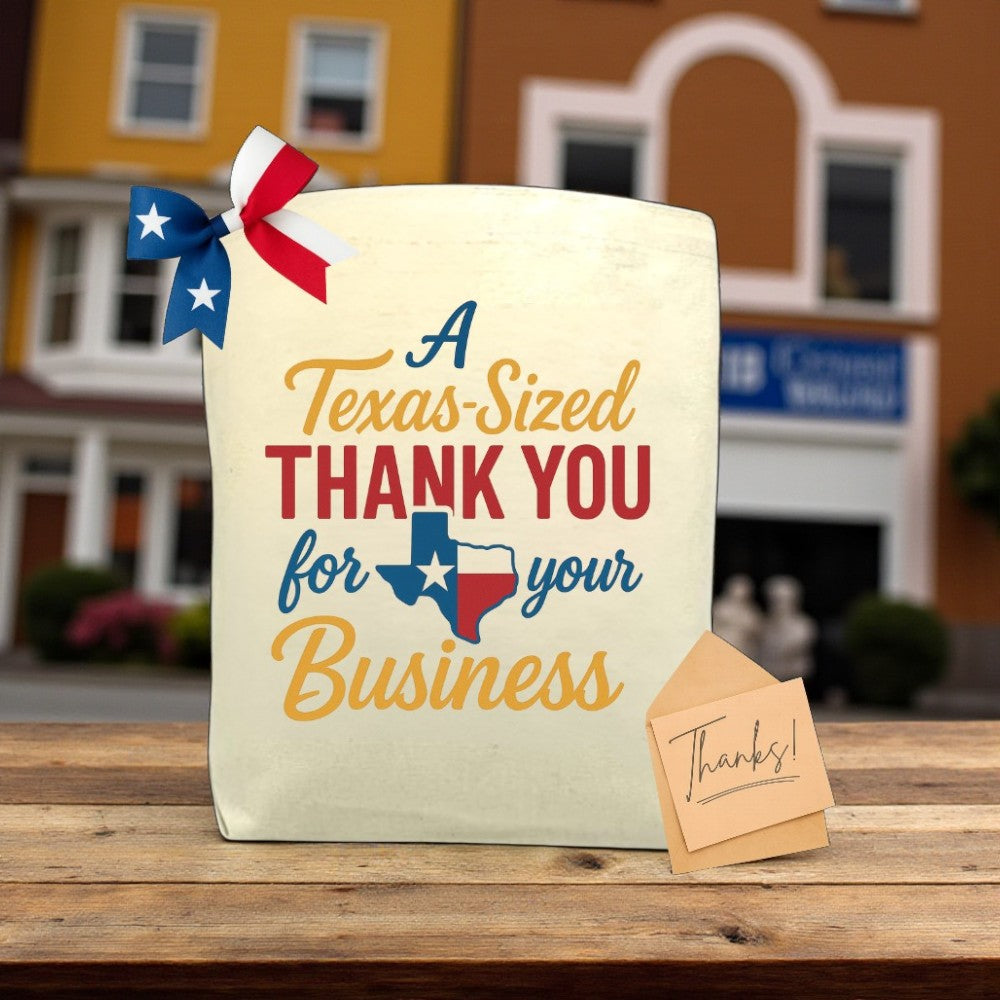 A Texas-Sized Thank You For Your Business canvas tote bag with bold Texas-themed design, ideal for gifting or daily use