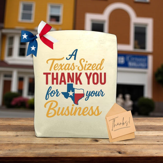 A Texas-Sized Thank You For Your Business canvas tote bag with bold Texas-themed design, ideal for gifting or daily use