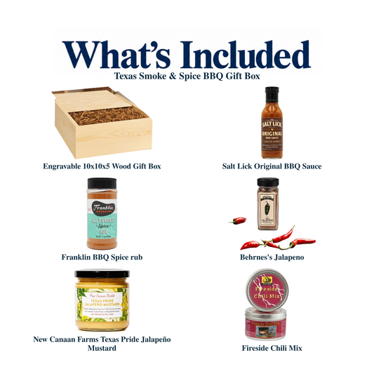 What's included in Texas Smoke & Spice BBQ Gift Box: the gift container and each included product, individually labeled.