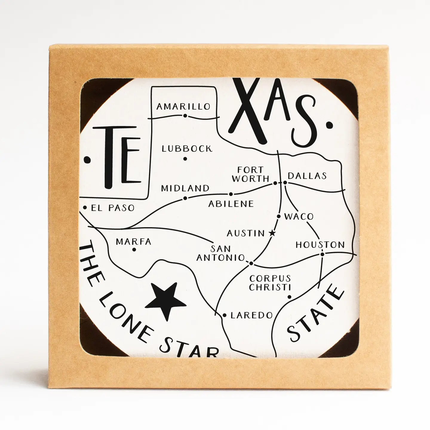 Texas State Map Coaster Set featuring a Texas map design, styled as a Texas-themed home gift on the Texas Gift Baskets storefront