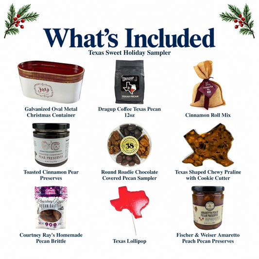 What's included in Texas Sweet Holiday Sampler: authentic container and every included product, individually labeled.