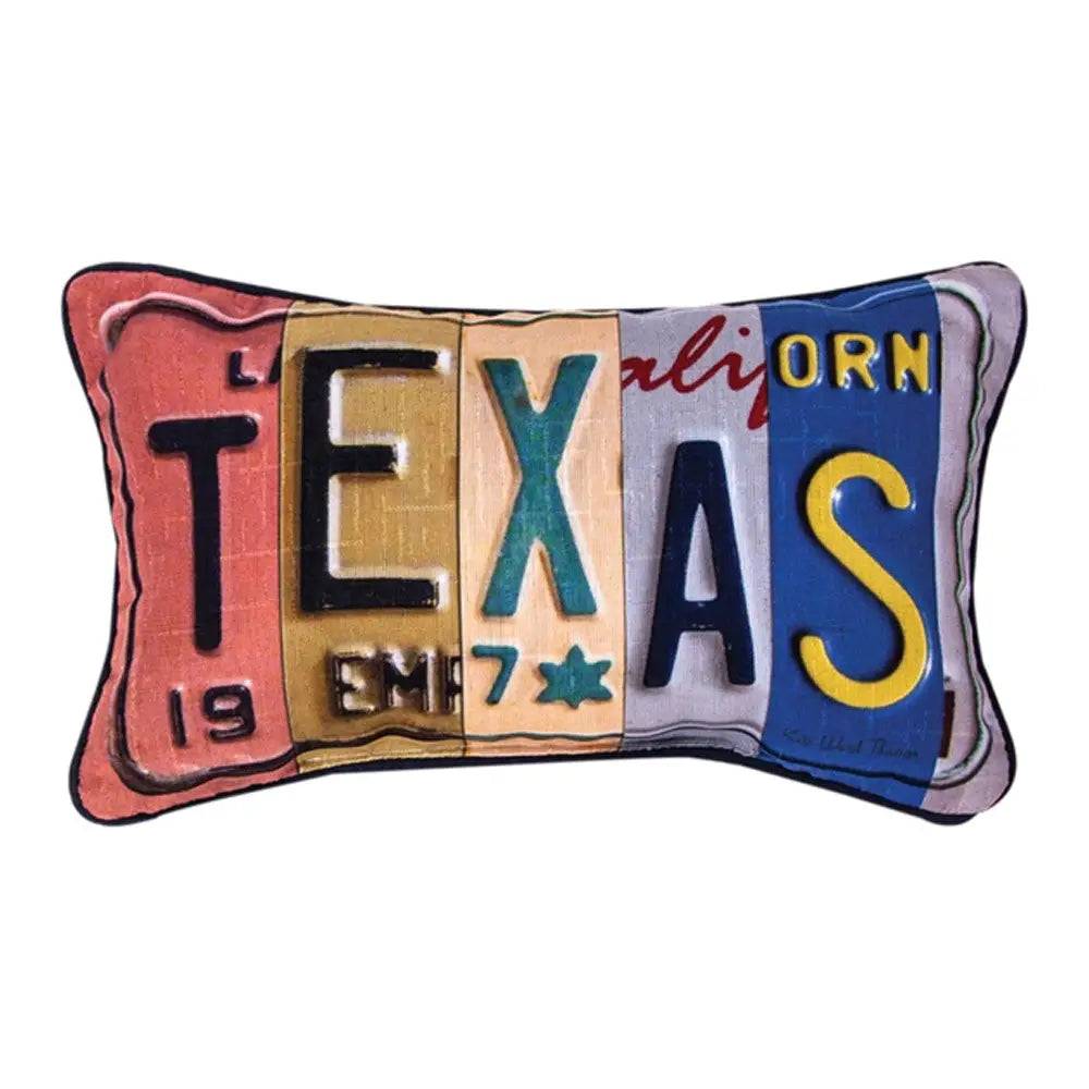 Texas word pillow measuring 14.5 by 9 inches displayed as a Texas-themed home décor gift on the Texas Gift Baskets storefront