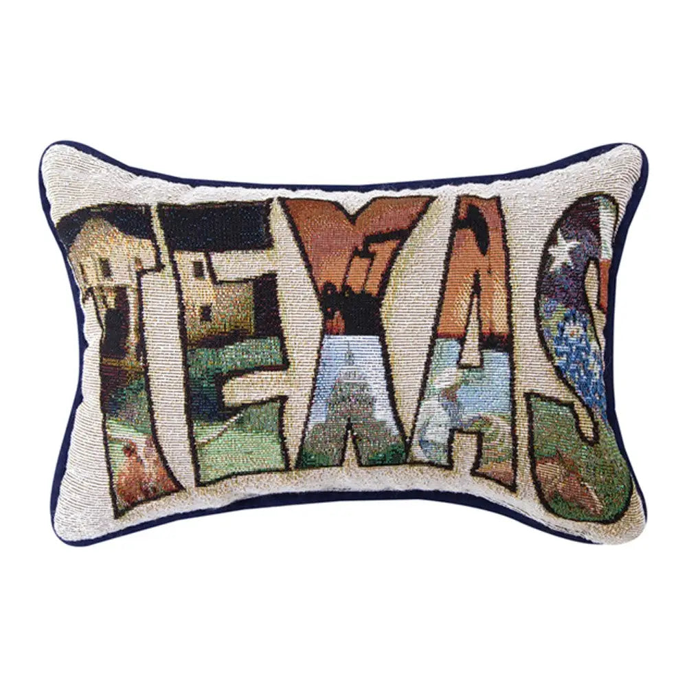Texas word decorative pillow with the word Texas displayed as a home décor gift on the Texas Gift Baskets storefront