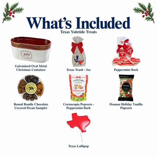 What's included in Texas Yuletide Treats: authentic container and every included product, individually labeled.