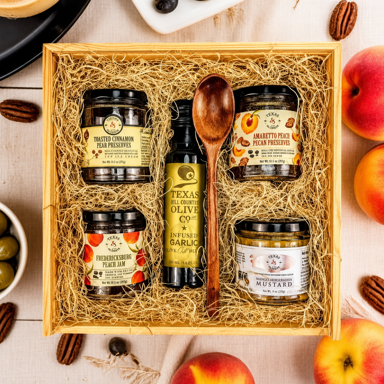 a texas hill country themed gift box with preserves, mustard, olive oil, and jam in excelsior in a wooden box
