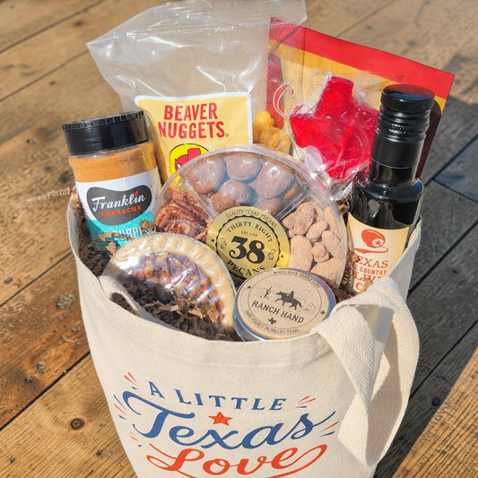 Top view of a Create Your Own A Little Texas Love from El Paso gift tote filled with Texas treats