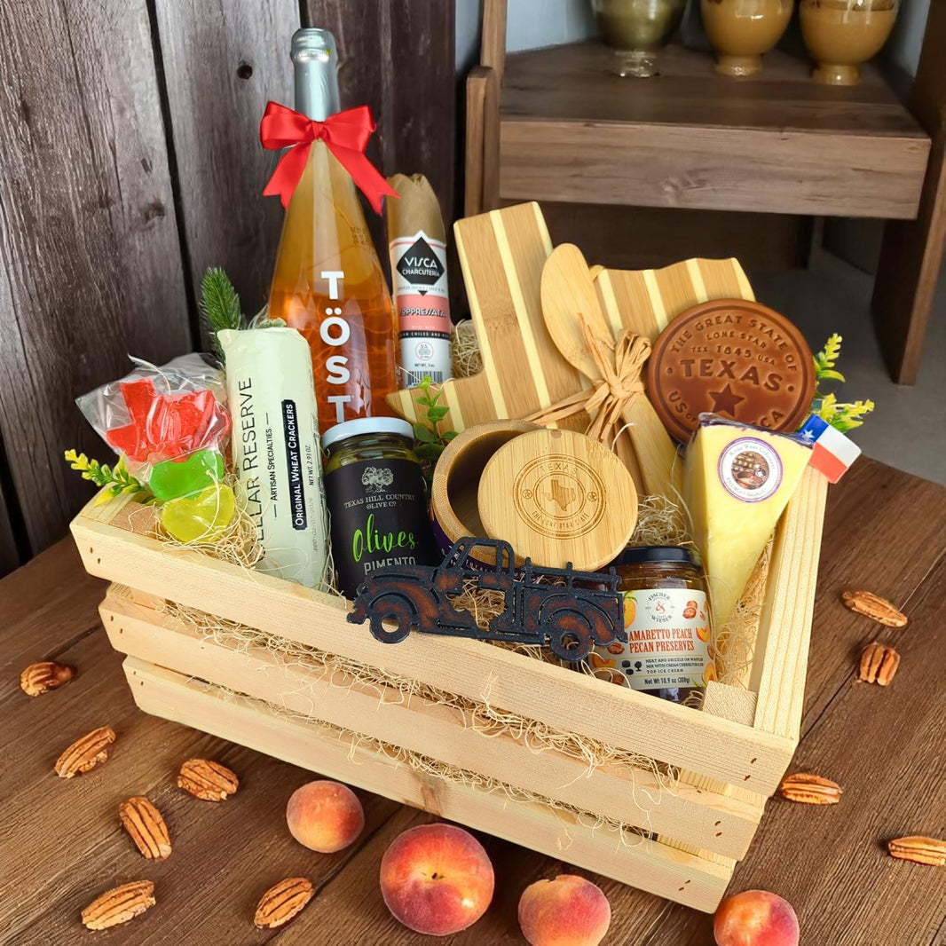 a texas-themed gift crate filled with texas charcuterie and gourmet food products 