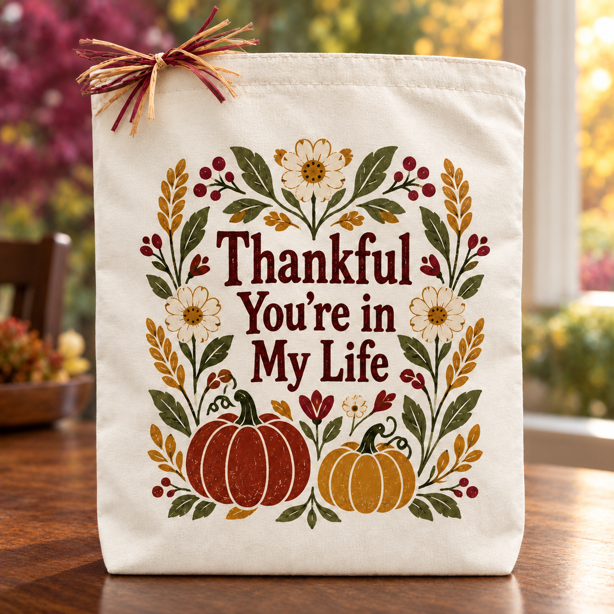 Cream canvas Thankful You're in My Life tote with burgundy, moss, and gold folk-art pumpkins, wheat, and flowers.