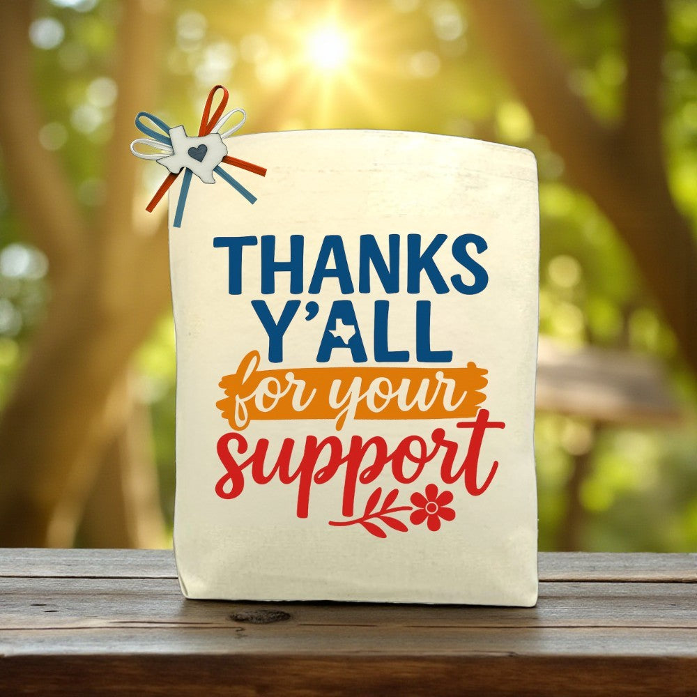 Thanks Y’all For Your Support canvas tote bag with gratitude-inspired Southern design, perfect for gifting or everyday use