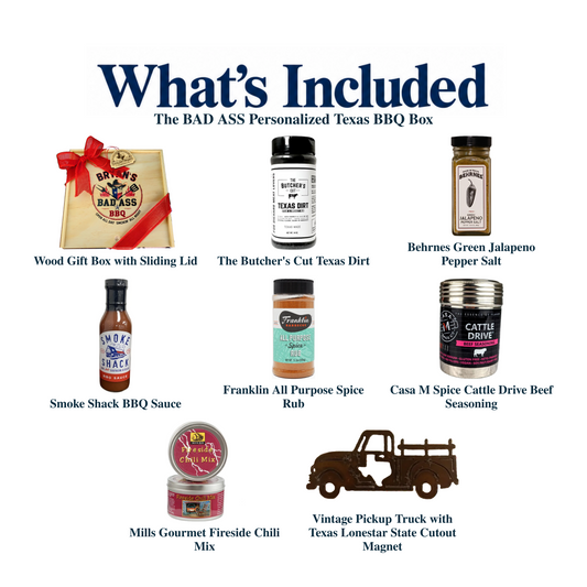 What's included in The BAD ASS Personalized Texas BBQ Box: each included item individually labeled.