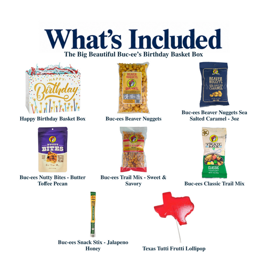 What's included in The Big Beautiful Buc-ee’s Birthday Basket Box: the gift container and each included product, individually labeled.