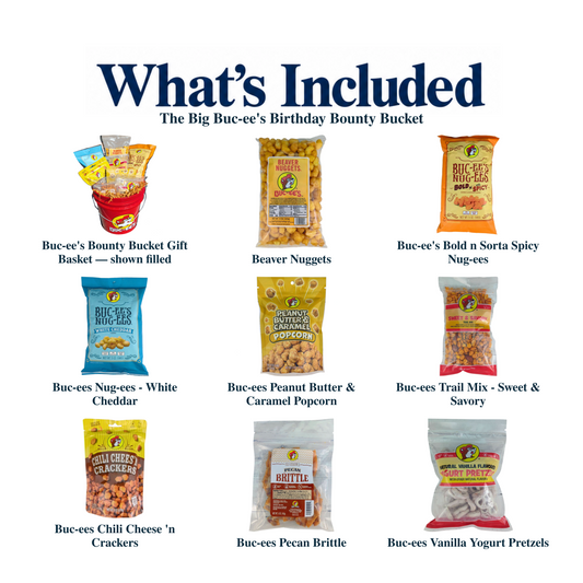 What's included in The Big Buc-ee's Birthday Bounty Bucket: each included item individually labeled.