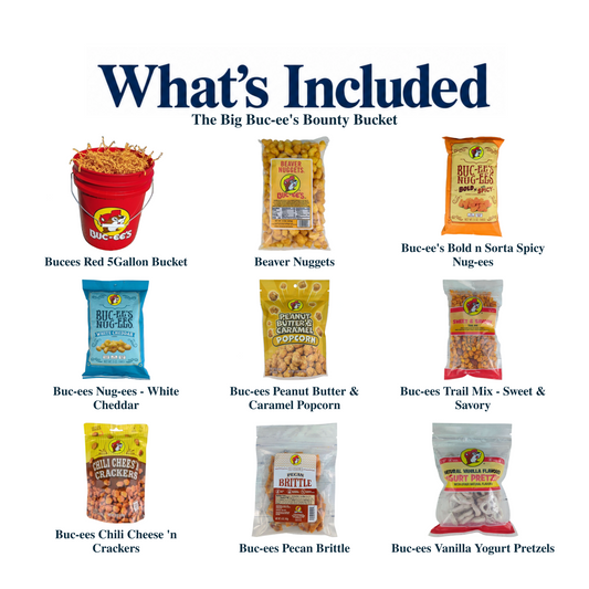 What's included in The Big Buc-ee's Bounty Bucket: the gift container and each included product, individually labeled.
