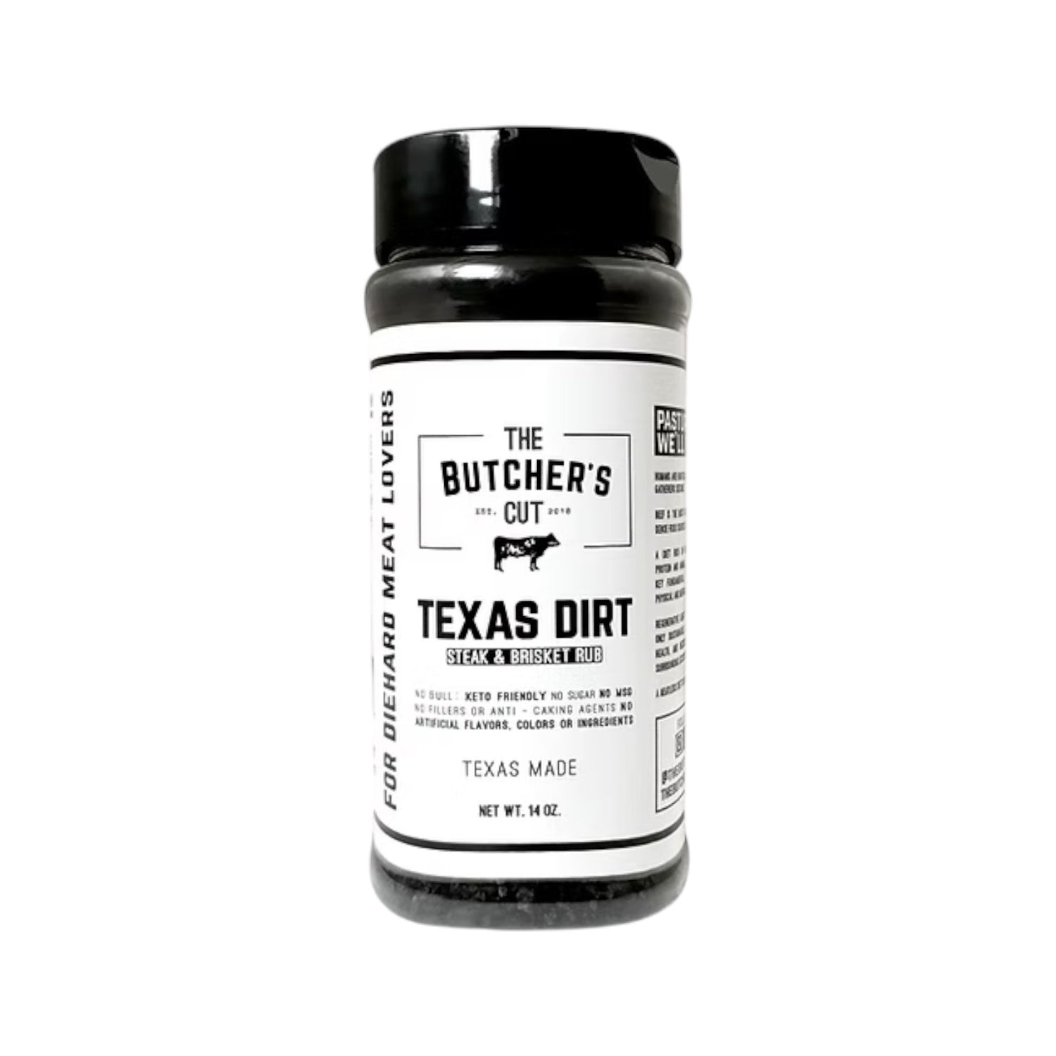 Bottle of The Butcher’s Cut Texas Dirt steak and brisket rub with a black lid and white label, featuring bold black typography, a cow icon, and text indicating Texas-made seasoning, photographed on a white background