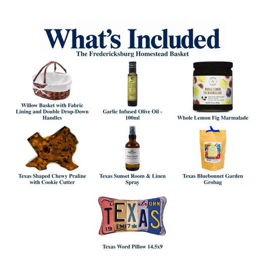What's included in The Fredericksburg Homestead Basket: each included item individually labeled.