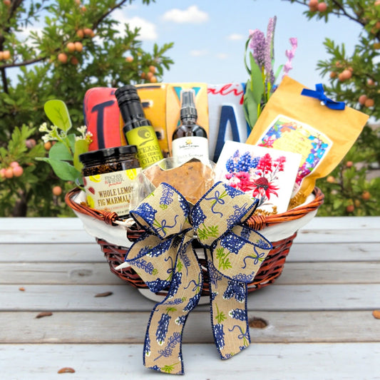 The Fredericksburg Homestead Basket filled with curated Texas-inspired goods, presented as a signature Texas Gift Baskets offering