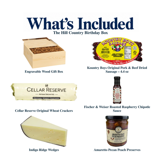What's included in The Hill Country Birthday Box: each included item individually labeled.