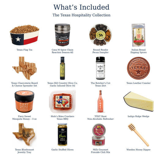What's Included — The Texas Hospitality Collection with Texas Hill Country Olive Co. Garlic Infused Olive Oil
