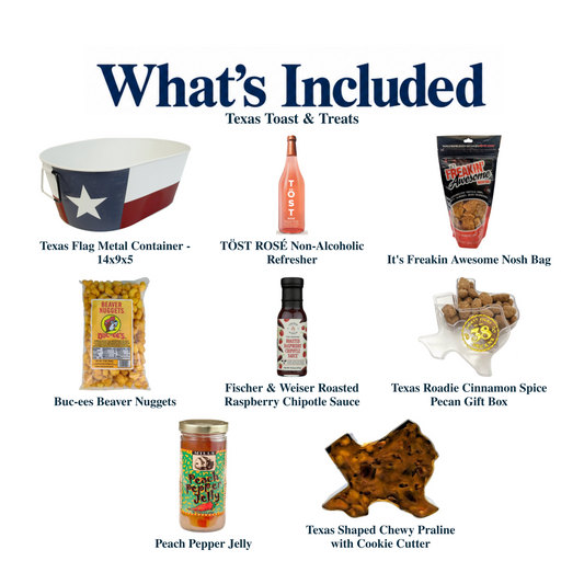 What's included in Texas Toast & Treats: the gift container and each included product, individually labeled.