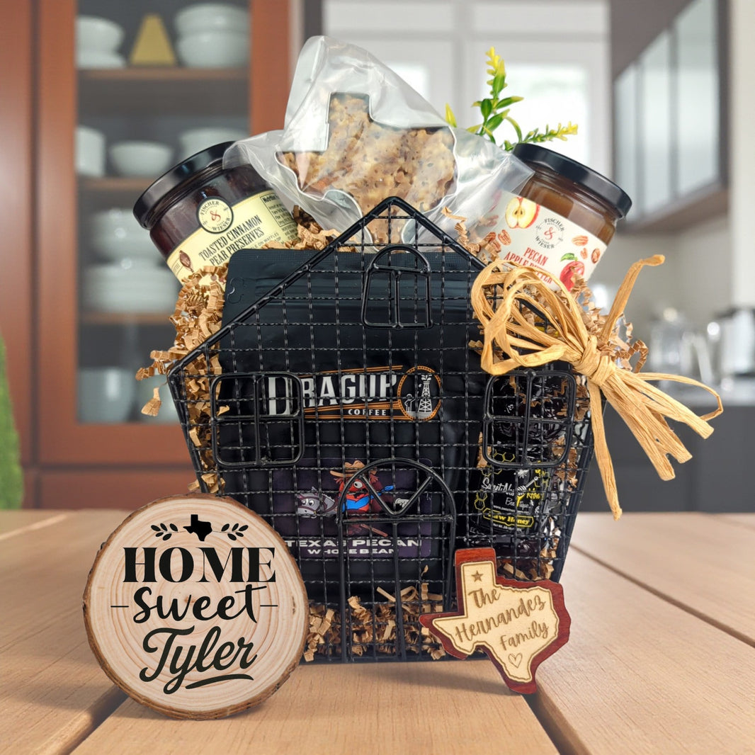 Tyler Home Haven gift basket with Texas-made treats and personalized keepsakes