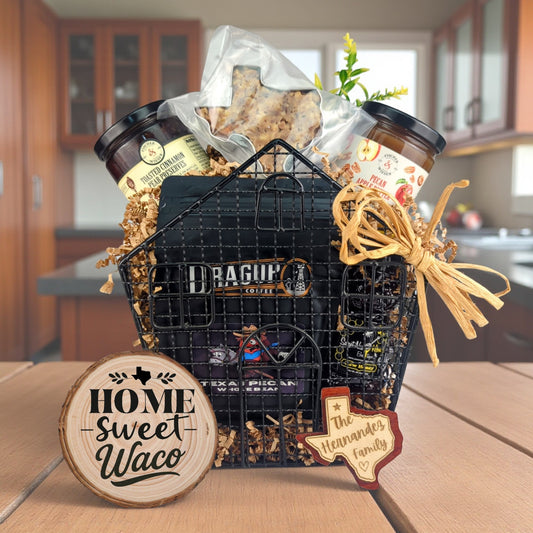 Waco River Home Basket with Texas-made treats and personalized keepsakes