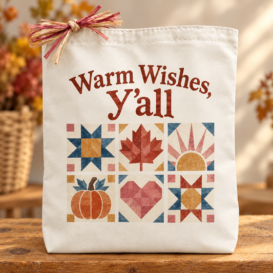 Cream canvas Warm Wishes, Y'all fall gift tote. Denim, rose, clay, and ochre quilt-inspired blocks frame a warm Southern greeting in a flat printed design.