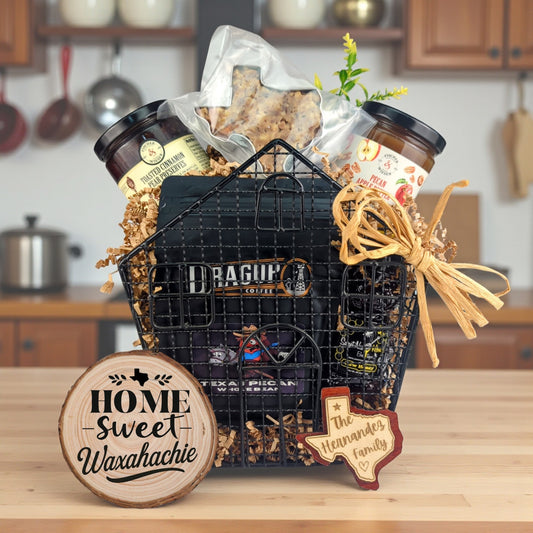 Waxahachie Homestead Comforts gift basket with Texas-made treats and personalized keepsakes