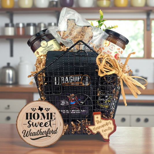 Weatherford Welcome Home Basket with Texas-made treats and personalized keepsakes