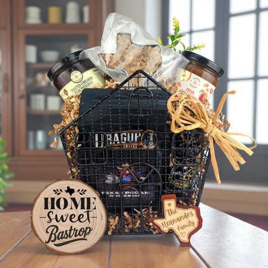 Welcome Home Bastrop gift basket with Texas-made treats and personalized keepsakes