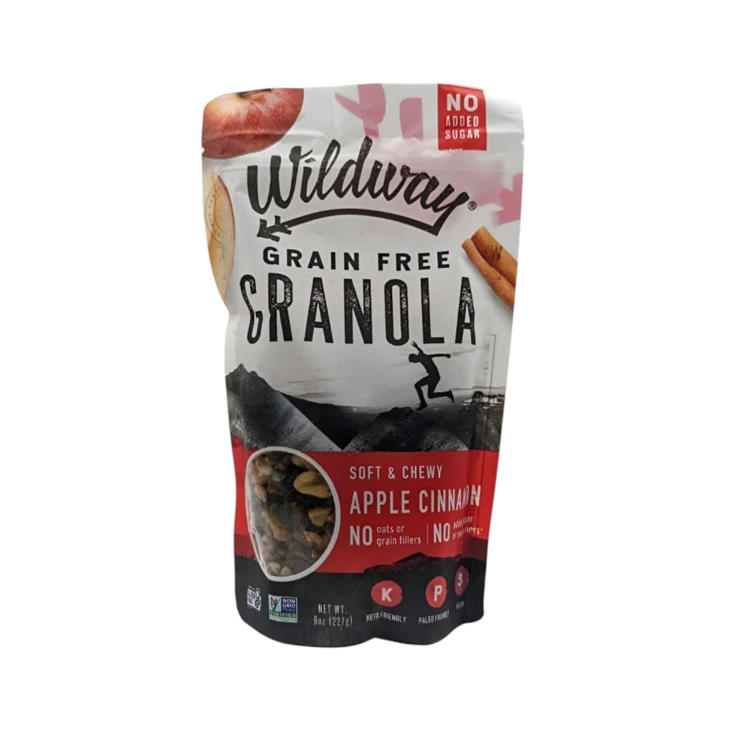 Pouch of Wildway grain-free granola, soft and chewy apple cinnamon flavor, with no added sugar label