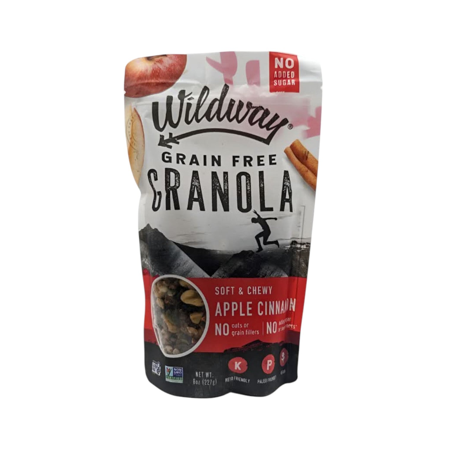 Pouch of Wildway grain-free granola, soft and chewy apple cinnamon flavor, with no added sugar label