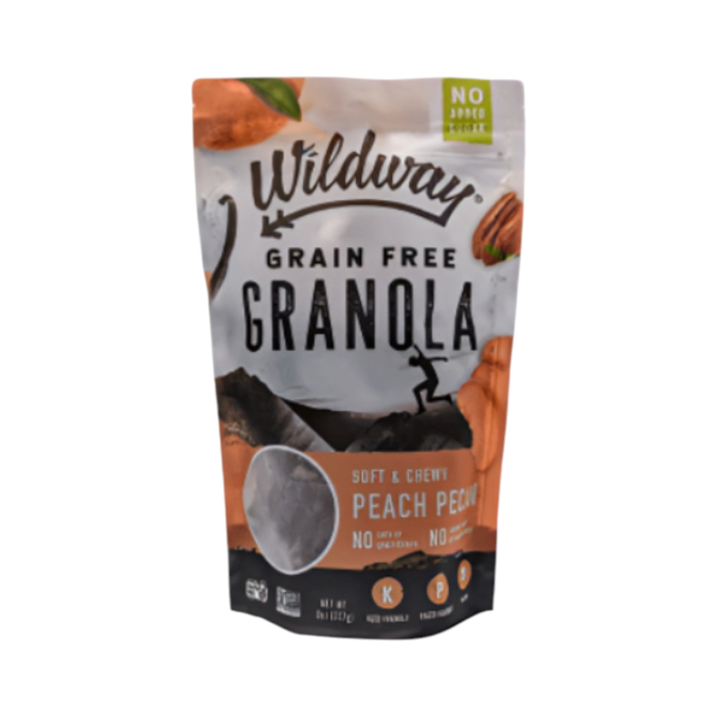 Pouch of Wildway grain-free granola, soft and chewy peach pecan flavor, with no added sugar label