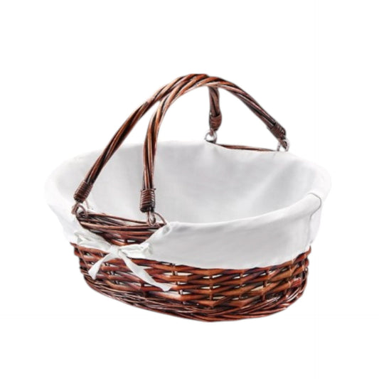 brown willow basket with liner and drop handle for gift baskets