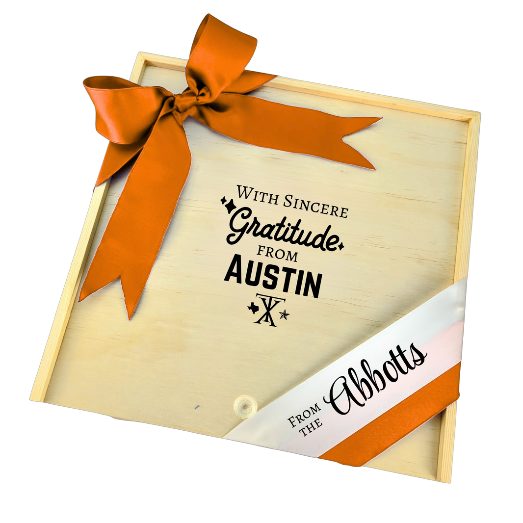 With Sincere Gratitude from Austin wooden gift box with Texas-inspired design, perfect for keepsakes or thoughtful gifting.