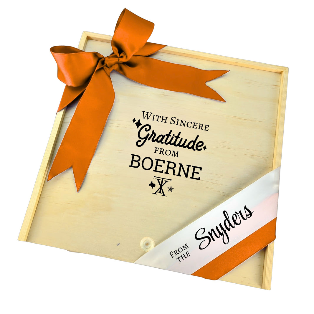 With Sincere Gratitude from Boerne wooden gift box with Texas-inspired design, perfect for keepsakes or thoughtful gifting